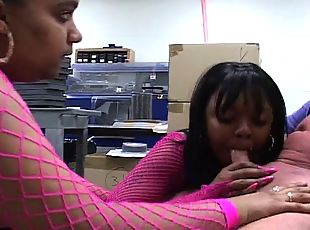 Thick ebony babes in pink fishnets share a mighty cock